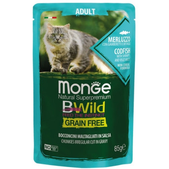 MONGE BWild Grain Free Bocconcini maltagliati in salsa di Merluzzo con Gamberetti e Ortaggi 85 gr. - 