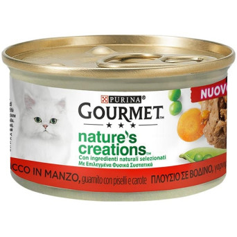 PURINA Gourmet Nature's Creations, Rich in Beef, Garnished with Peas and Carrots 85 gr.