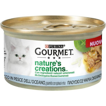 PURINA Gourmet Nature's Creations, Ricco in Pesce dell'Oceano, Guarnito Spinaci e Riso 85 gr.