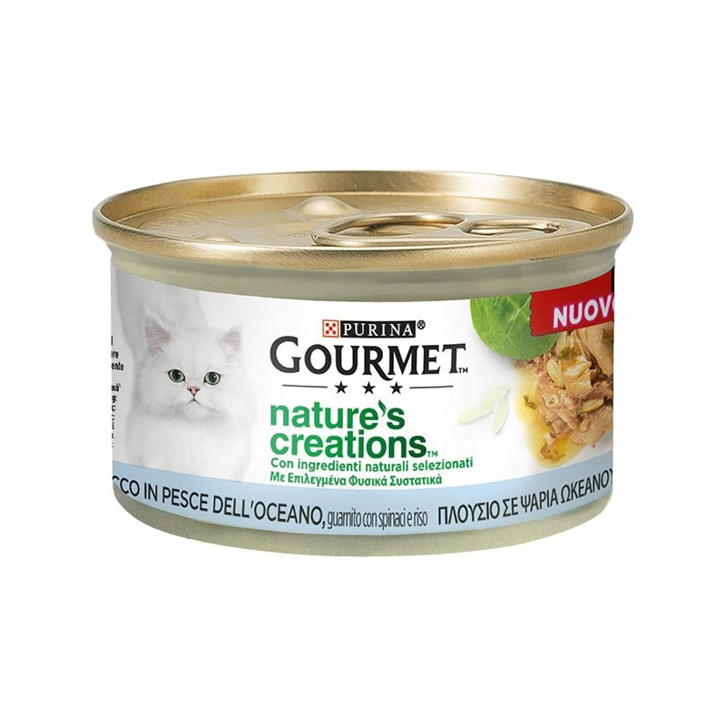 PURINA Gourmet Nature's Creations, Ricco in Pesce dell'Oceano, Guarnito Spinaci e Riso 85 gr. - 