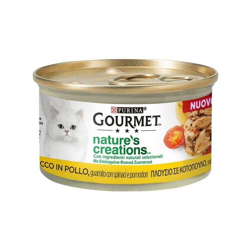 PURINA Gourmet Nature's Creations, Ricco in Pollo, Guarnito Spinaci e Pomodoro 85 gr. - 