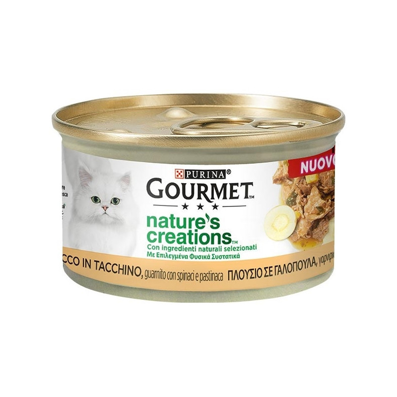 PURINA Gourmet Nature's Creations, Ricco in Tacchino, Guarnito Spinaci e Pastinaca 85 gr. - 