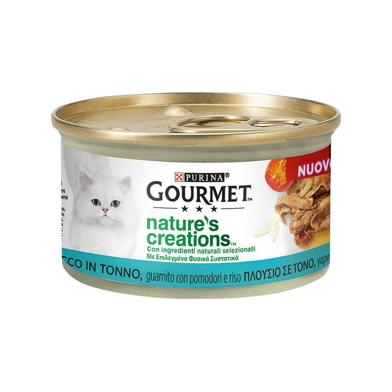 PURINA Gourmet Nature's Creations, Ricco in Tonno, Guarnito Pomodori e Riso 85 gr. - 