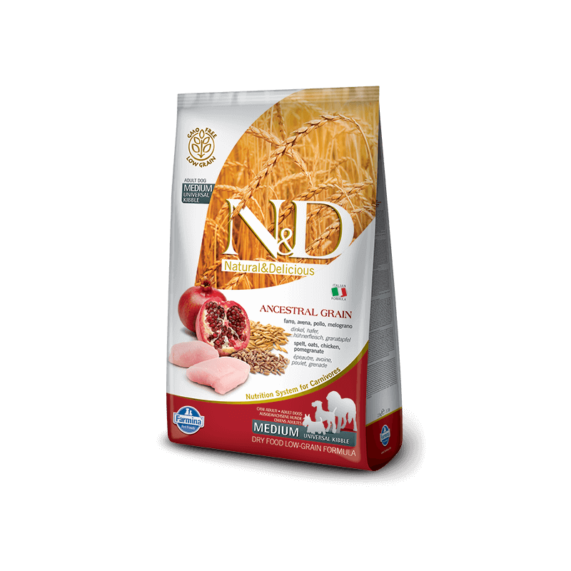 Farmina n&d low grain cane medio farro avena pollo e melograno 800 g - 