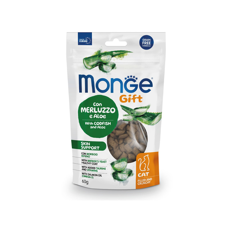 Monge - Snack Gift Adult Skin Support mit Kabeljau und Aloe gefüllt und knusprig 60 gr. Ergänzungsfuttermittel für Katze