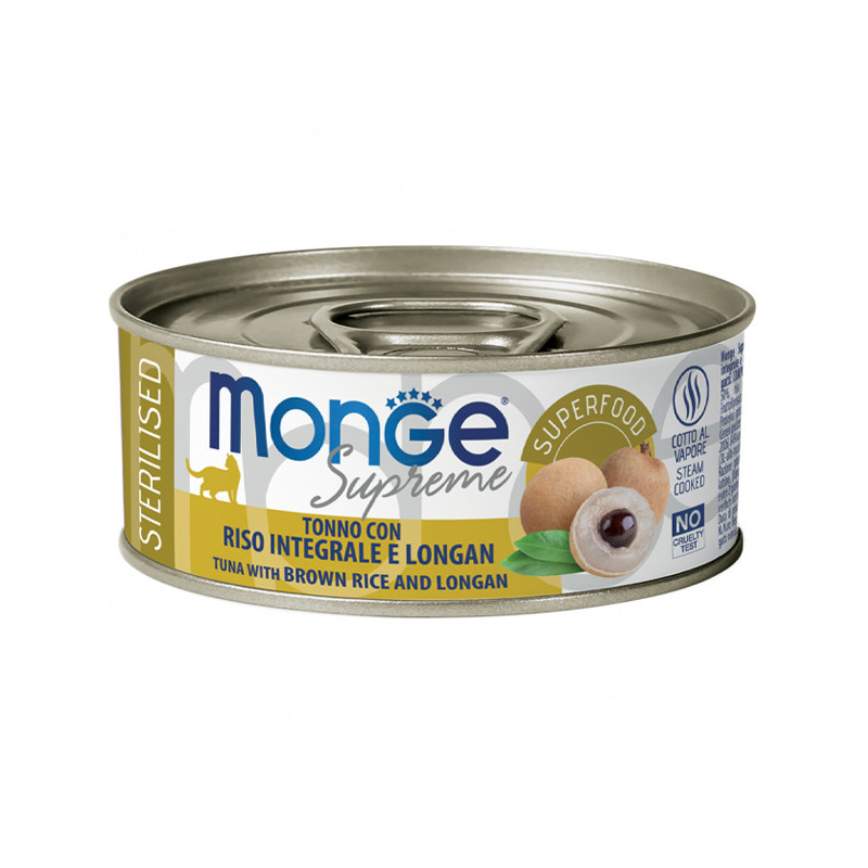 Monge - Supreme sterilisierter Thunfisch für ausgewachsene Katzen, brauner Reis und Longan, 80 g. - 