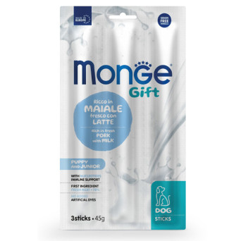 Monge – Snack-Hundesticks für Welpen und Jungtiere, reich an frischem Schweinefleisch mit Milch, 45 g.