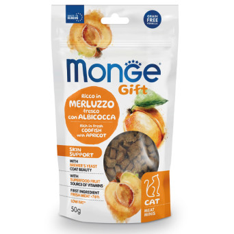 Monge – Snack-Geschenk für Erwachsene, Fleisch-Minis, hautunterstützend, reich an frischem Kabeljau mit Aprikose, 50 g.