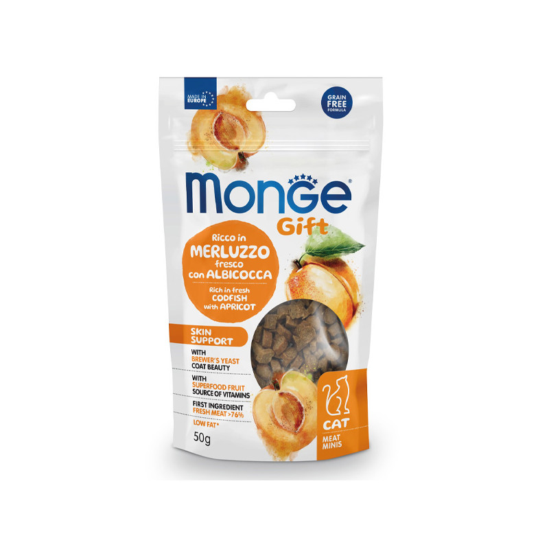 Monge – Snack-Geschenk für Erwachsene, Fleisch-Minis, hautunterstützend, reich an frischem Kabeljau mit Aprikose, 50 g. 