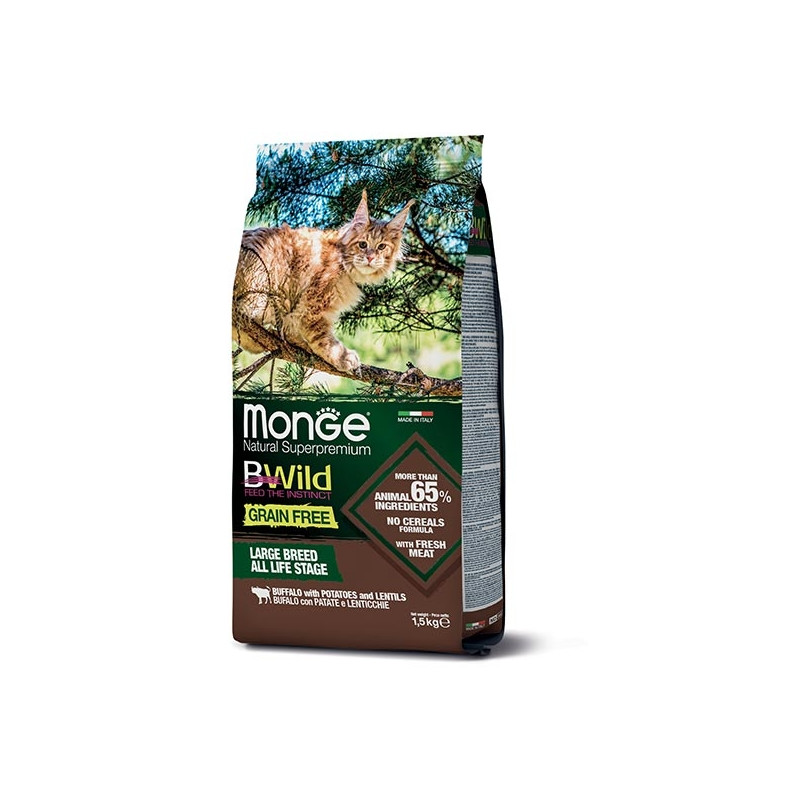 Monge - BWild Grain Free All Life Stage Adult Large Breed con Bufalo, Patate e Lenticchie 1,50 KG. - 