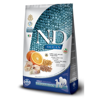 FARMINA N&D OCEAN Adult Medium & Maxi con Merluzzo, Farro, Avena e Arancia 12 kg - 