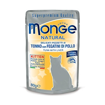 MONGE Kitten Natural Superpremium Cotti a Vapore con Tonno e Fegatini di Pollo 80 gr. - 