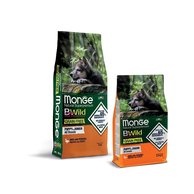 Monge - Cane BWild Grain Free Puppy & Junior All Breeds con Anatra e Patate 12 kg - 