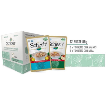 Schesir Gatto Multipack Ecosostenibile con Cuccie (gusto Tonneto e ananas  e Tonneto e mela) 1 set/2 cuccie + 12 bustine 85 g