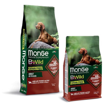 MONGE BWild Grain Free Adult alle Rassen mit Lamm, Kartoffeln und Erbsen 12 kg.