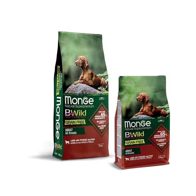 MONGE BWild Grain Free Adult All Breeds con Agnello, Patate e Piselli 12 kg. - 