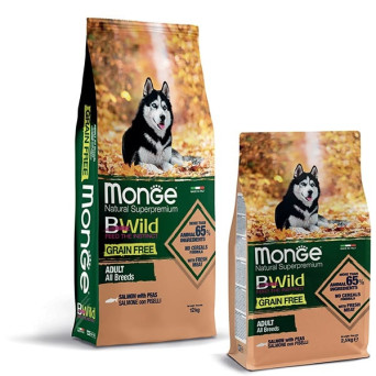 MONGE BWild Grain Free Adult Alle Rassen mit Lachs und Erbsen 12 kg.