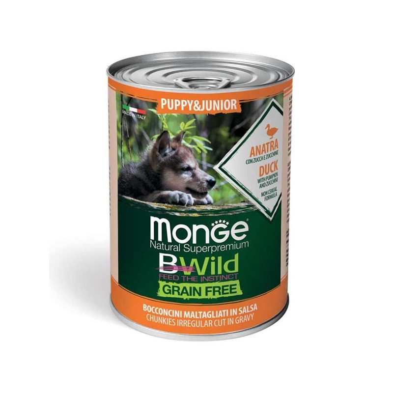 MONGE BWild Grain Free Puppy & Junior All Breeds con Anatra, Zucca e Zucchine 400 gr. - 